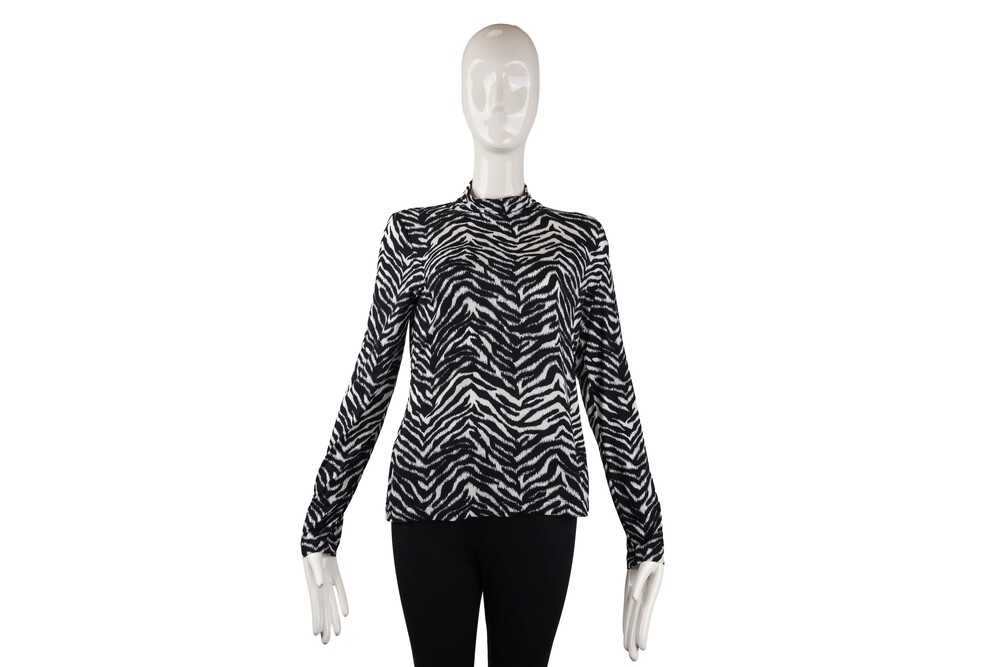St. John White Black Zebra Print Mock Neck Top Knit Jersey Size M